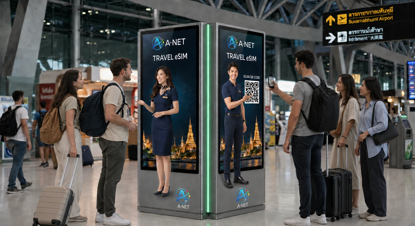 A-NET Travel eSIM Smart Kiosk reference for AetherA Human AI Reception and Sales