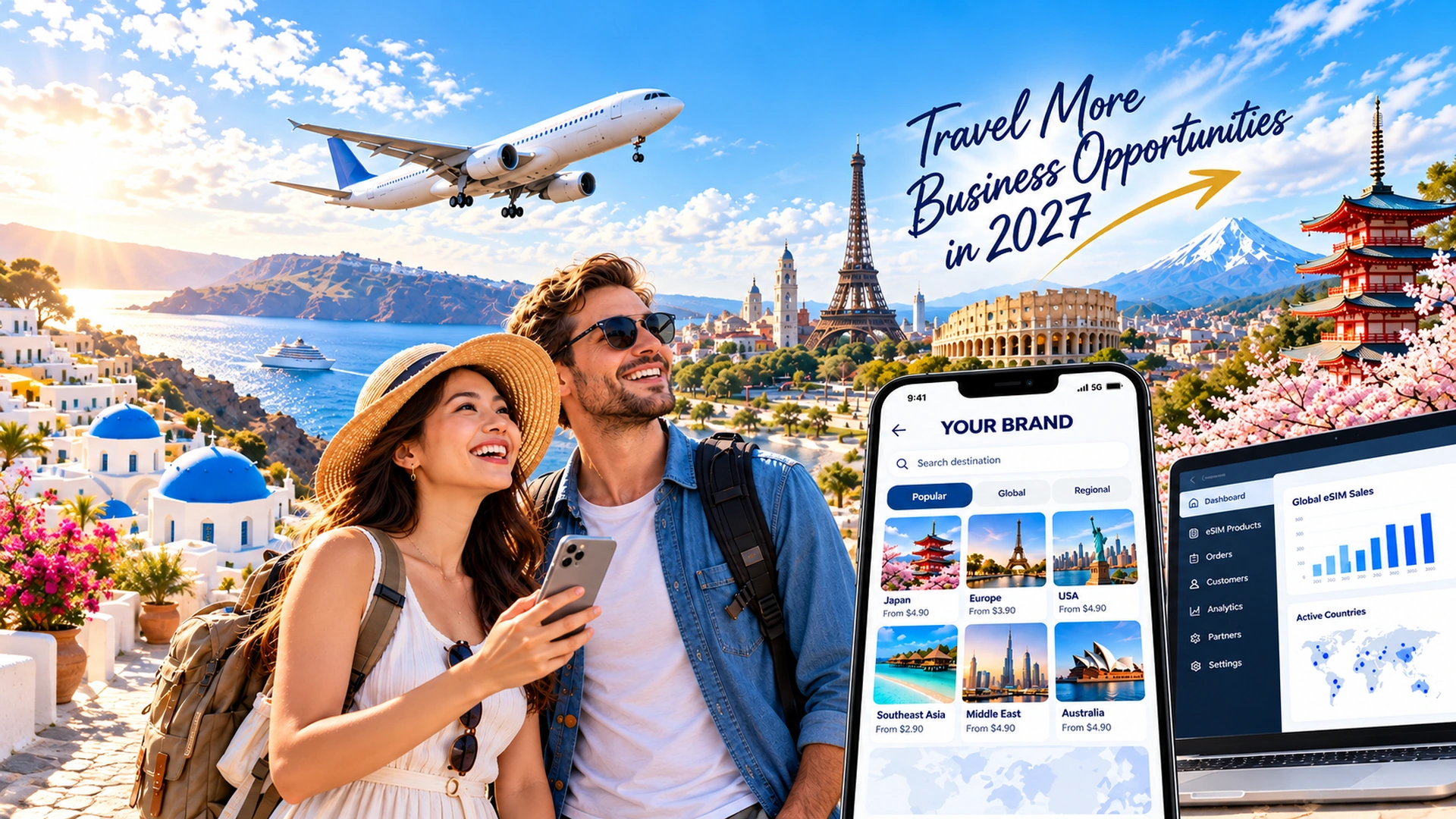 Global travel eSIM storefront concept, international destinations and happy travelers